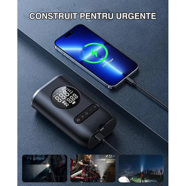 Compresor de Aer Portabil cu Afișaj Digital și Manometru – Pompa pentru Anvelope cu Lanternă LED, Încărcare USB Tip C,