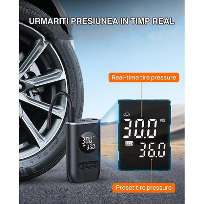 Compresor de Aer Portabil cu Afișaj Digital și Manometru – Pompa pentru Anvelope cu Lanternă LED, Încărcare USB Tip C,