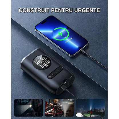 Compresor de Aer Portabil cu Afișaj Digital și Manometru – Pompa pentru Anvelope cu Lanternă LED, Încărcare USB Tip C,